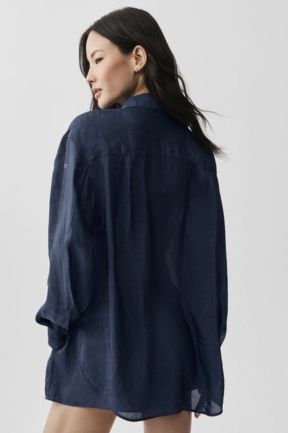 Semi-Sheer Golden Hour Button Down Long Sleeve - Navy